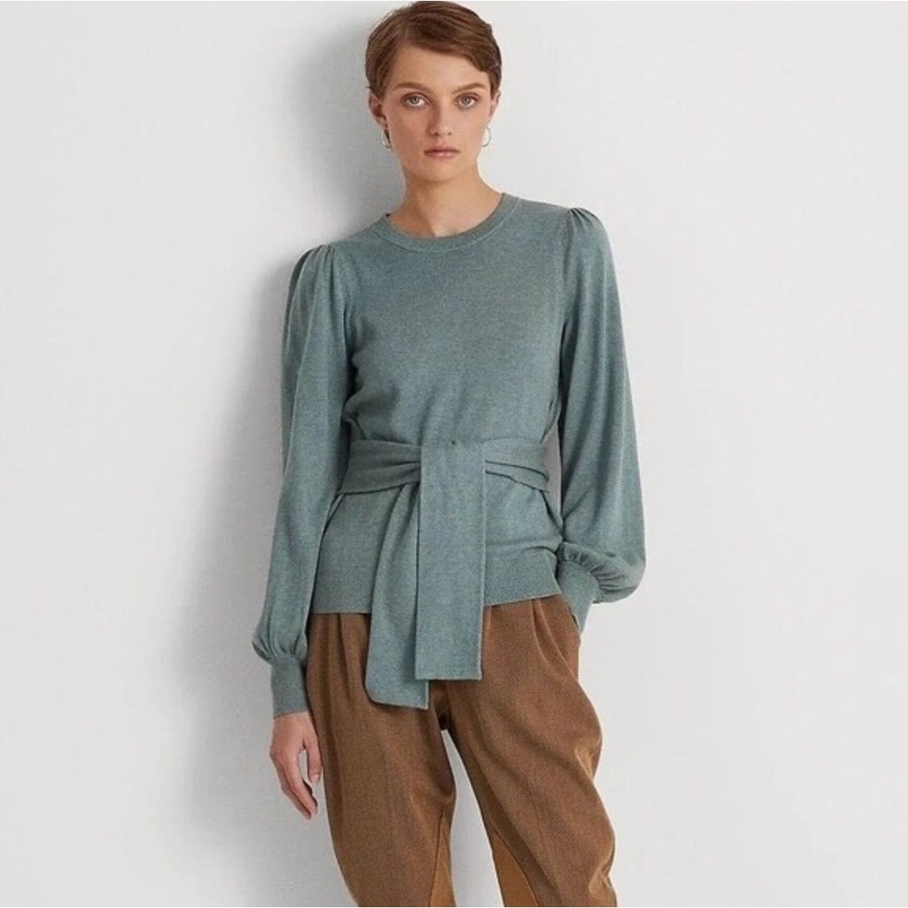Lauren Ralph Lauren Womens Puff Sleeve Tie Waist Sweater Size M Sage Green‎